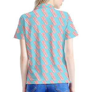 Blue Bacon Pattern Print Women's Polo Shirt