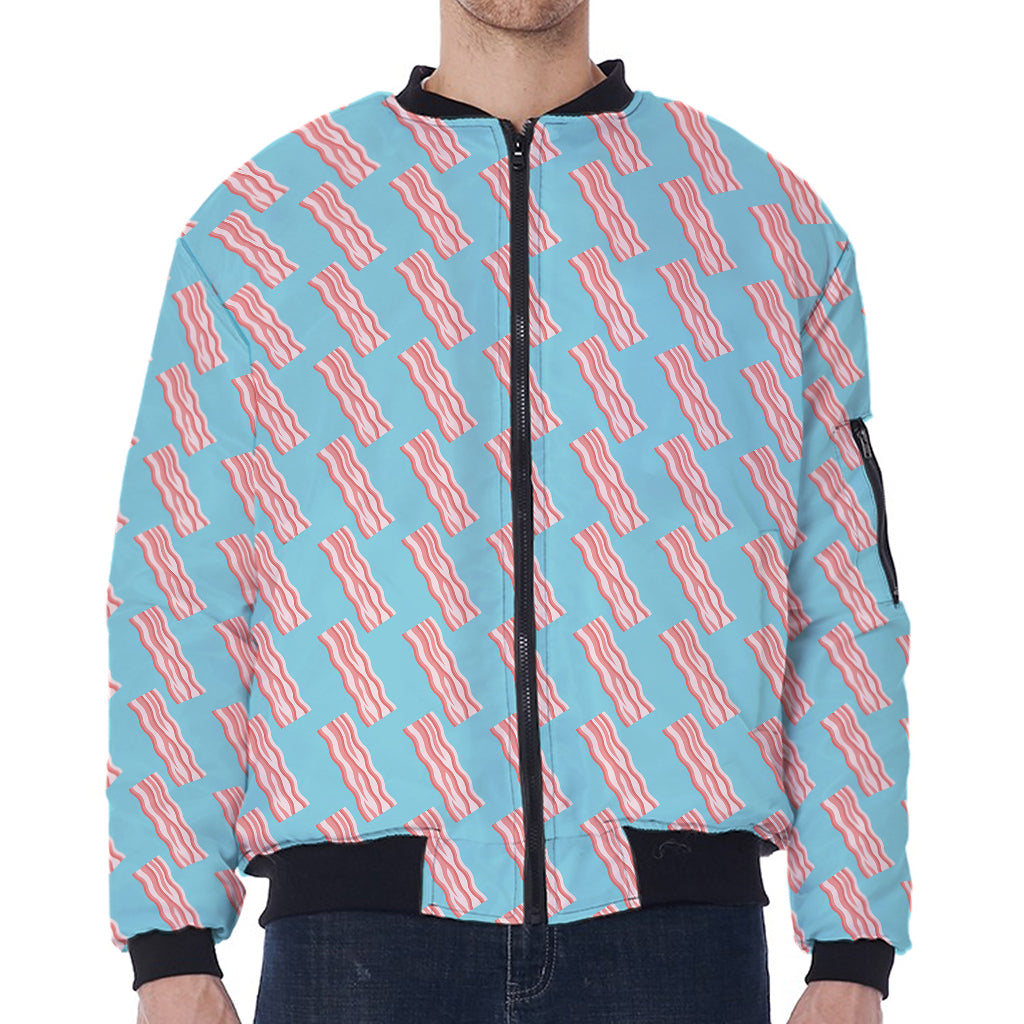 Blue Bacon Pattern Print Zip Sleeve Bomber Jacket