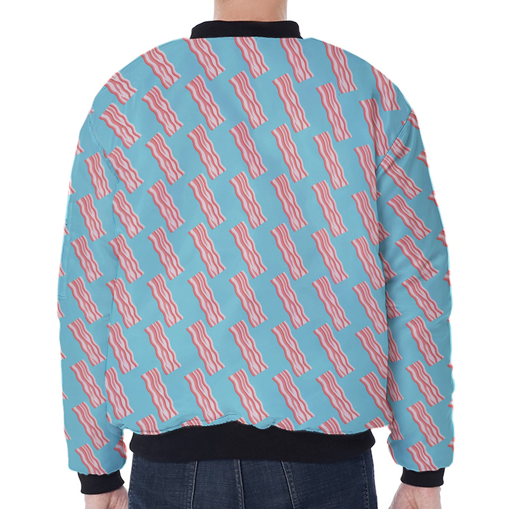 Blue Bacon Pattern Print Zip Sleeve Bomber Jacket