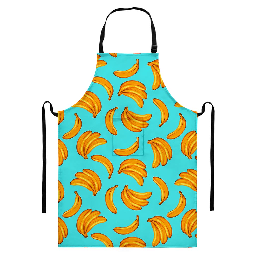 Blue Banana Pattern Print Bib Apron With Pocket