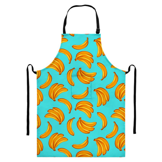 Blue Banana Pattern Print Bib Apron With Pocket