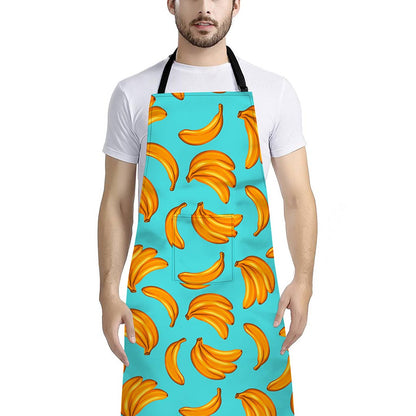 Blue Banana Pattern Print Bib Apron With Pocket