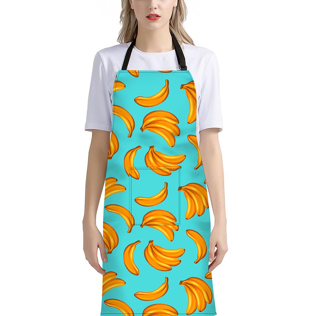 Blue Banana Pattern Print Bib Apron With Pocket