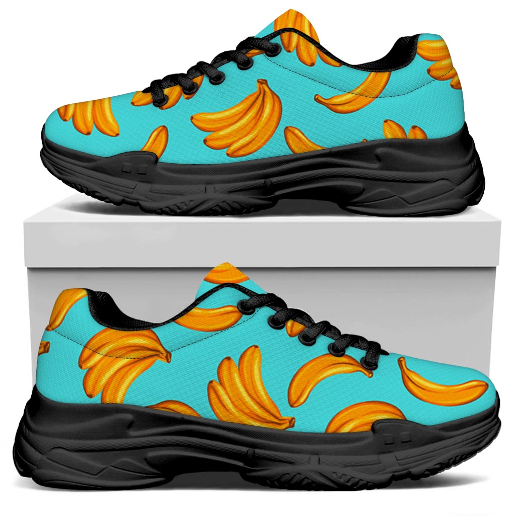 Blue Banana Pattern Print Black Chunky Shoes