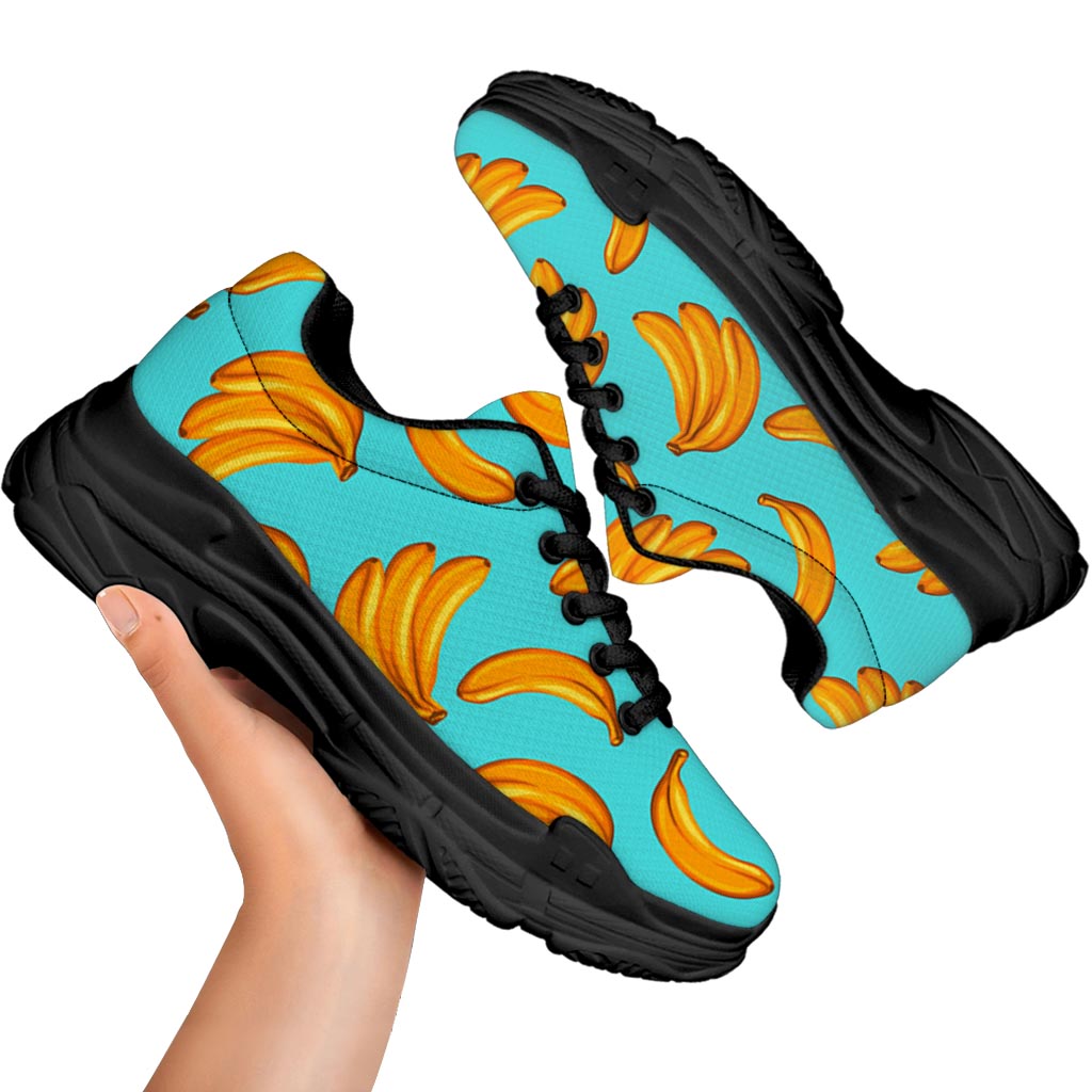 Blue Banana Pattern Print Black Chunky Shoes