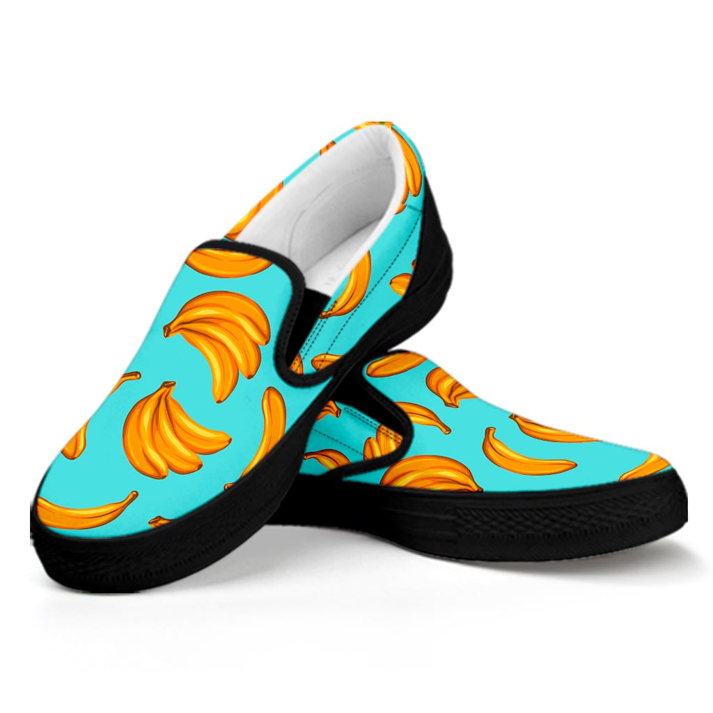 Blue Banana Pattern Print Black Slip On Sneakers