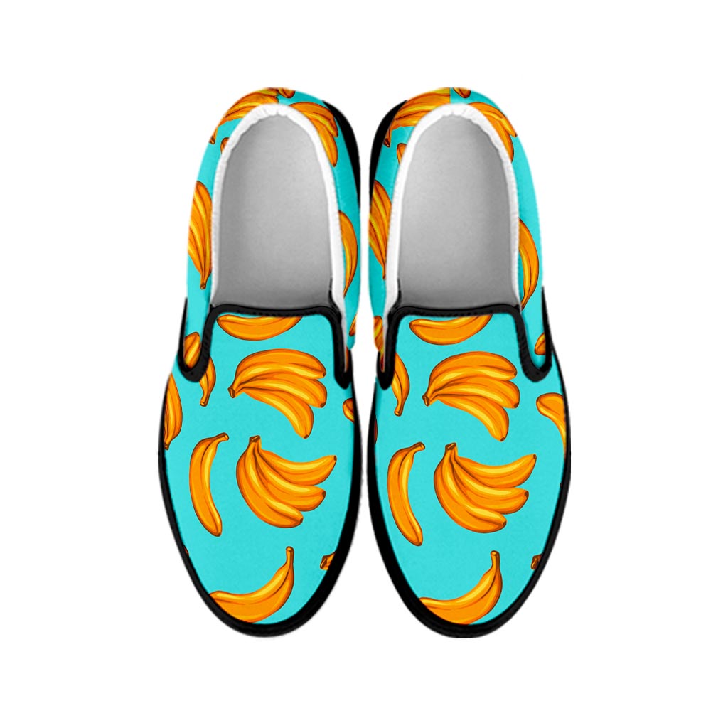 Blue Banana Pattern Print Black Slip On Sneakers