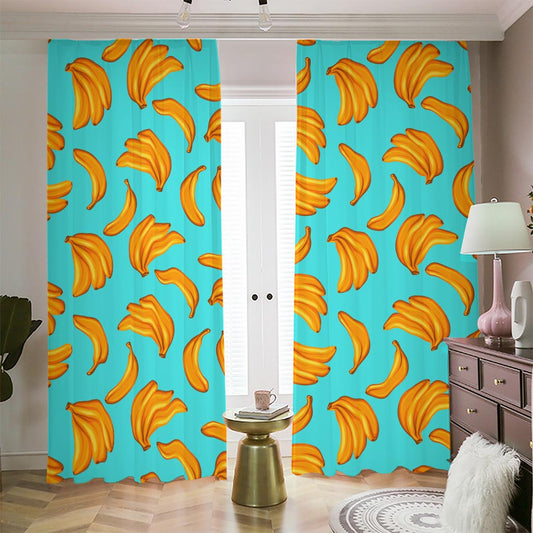 Blue Banana Pattern Print Blackout Pencil Pleat Curtains