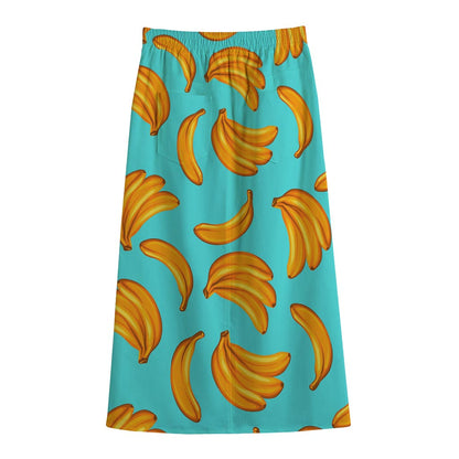 Blue Banana Pattern Print Cotton Front Slit Maxi Skirt