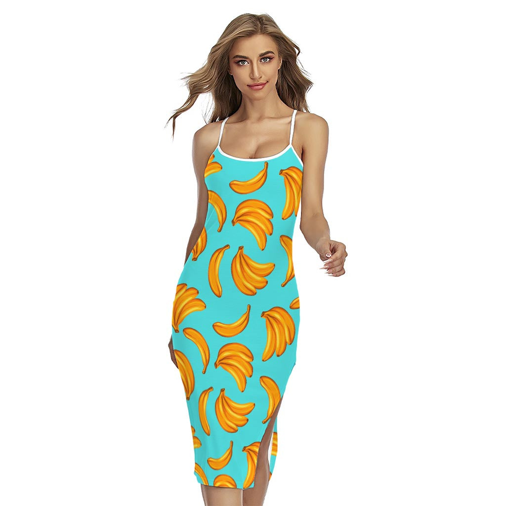 Blue Banana Pattern Print Cross Back Cami Dress