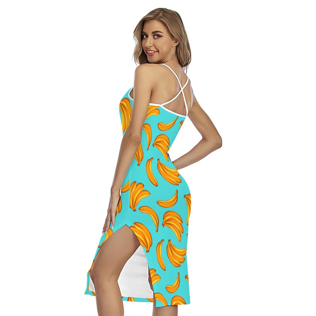 Blue Banana Pattern Print Cross Back Cami Dress