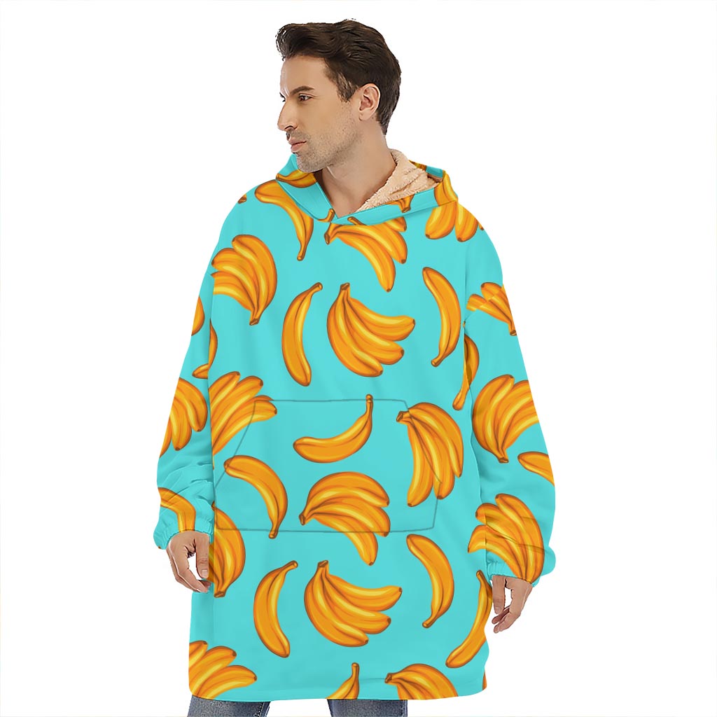 Blue Banana Pattern Print Hoodie Blanket