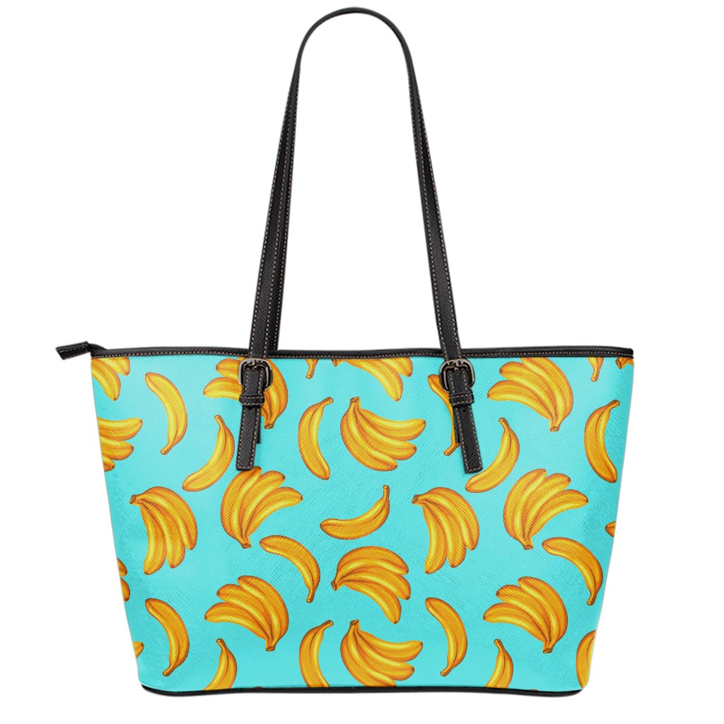 Blue Banana Pattern Print Leather Tote Bag