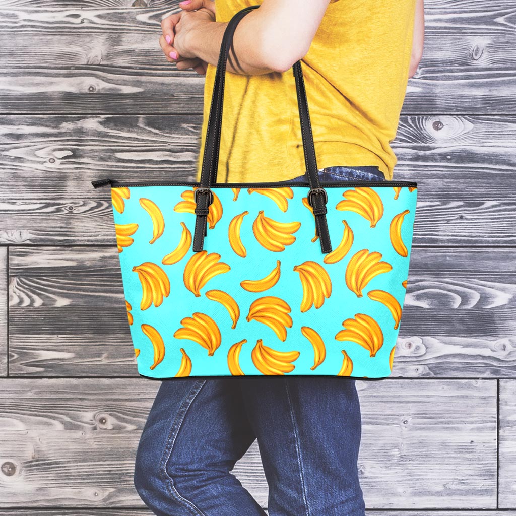 Blue Banana Pattern Print Leather Tote Bag