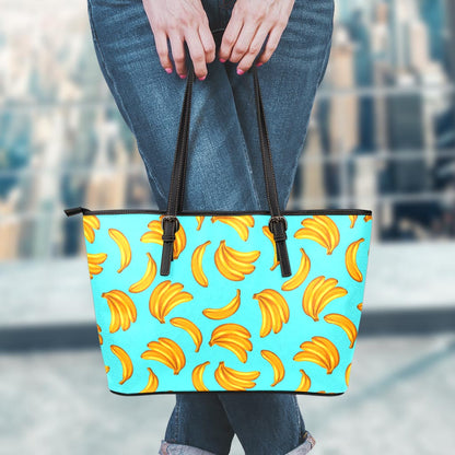 Blue Banana Pattern Print Leather Tote Bag