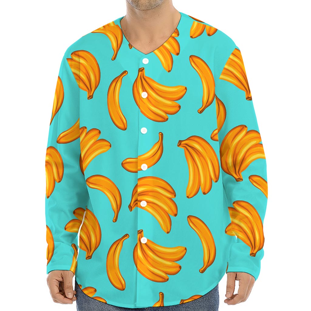 Blue Banana Pattern Print Long Sleeve Baseball Jersey