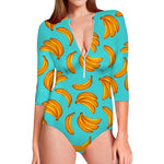 Blue Banana Pattern Print Long Sleeve Swimsuit