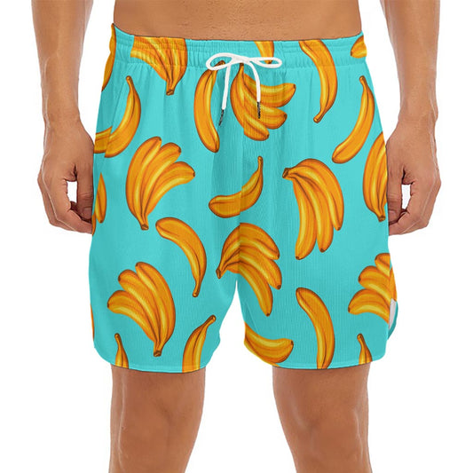 Blue Banana Pattern Print Men's Split Running Shorts