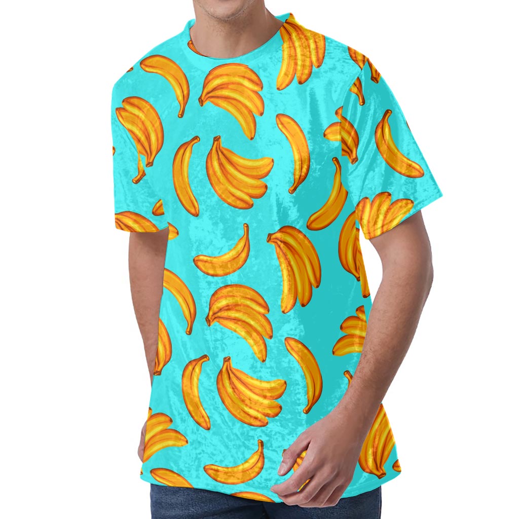 Blue Banana Pattern Print Men's Velvet T-Shirt