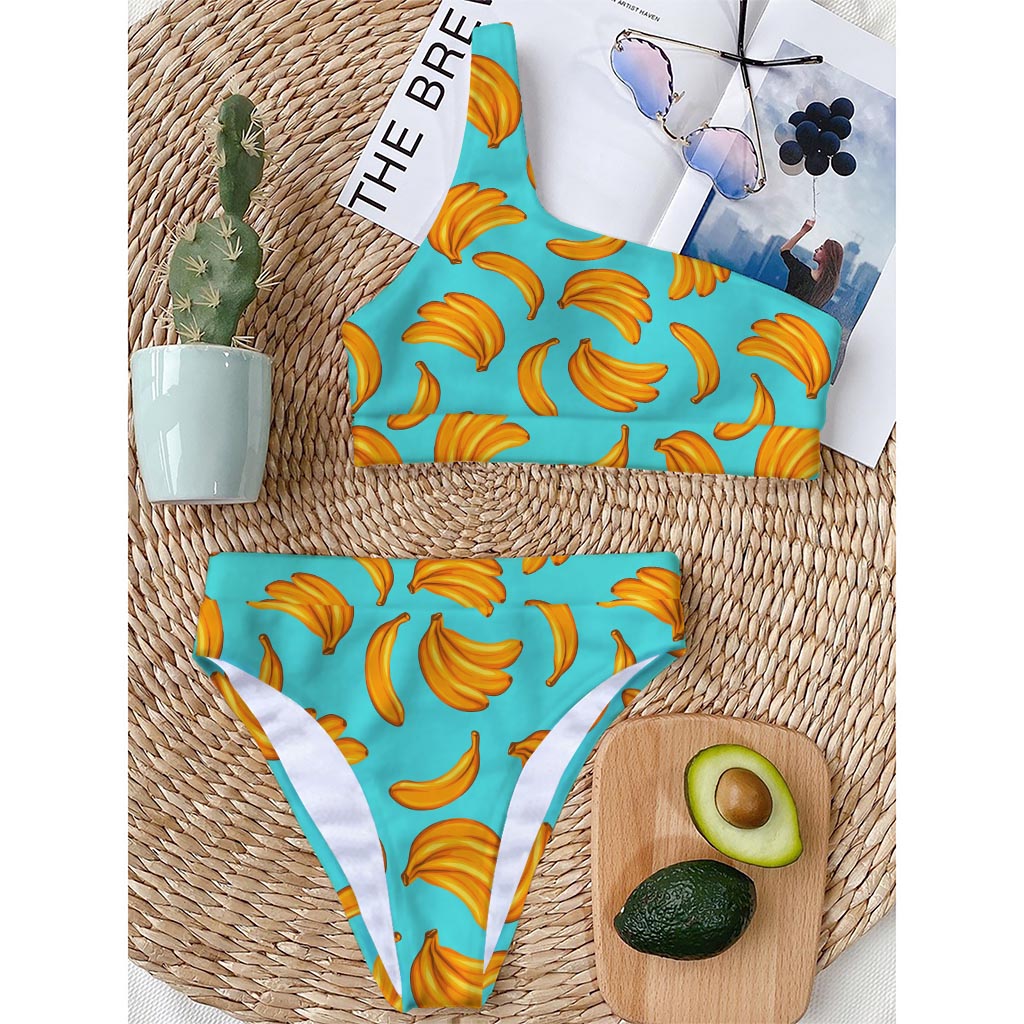 Blue Banana Pattern Print One Shoulder Bikini Top
