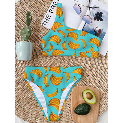 Blue Banana Pattern Print One Shoulder Bikini Top