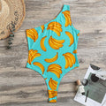 Blue Banana Pattern Print One Shoulder Bodysuit