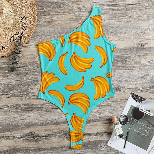 Blue Banana Pattern Print One Shoulder Bodysuit