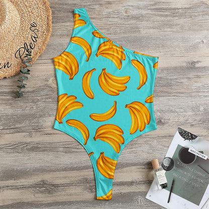 Blue Banana Pattern Print One Shoulder Bodysuit