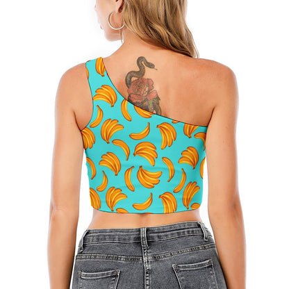 Blue Banana Pattern Print One Shoulder Crop Top