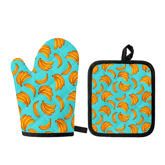 Blue Banana Pattern Print Oven Mitt And Pot Holder Set