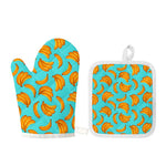 Blue Banana Pattern Print Oven Mitt And Pot Holder Set