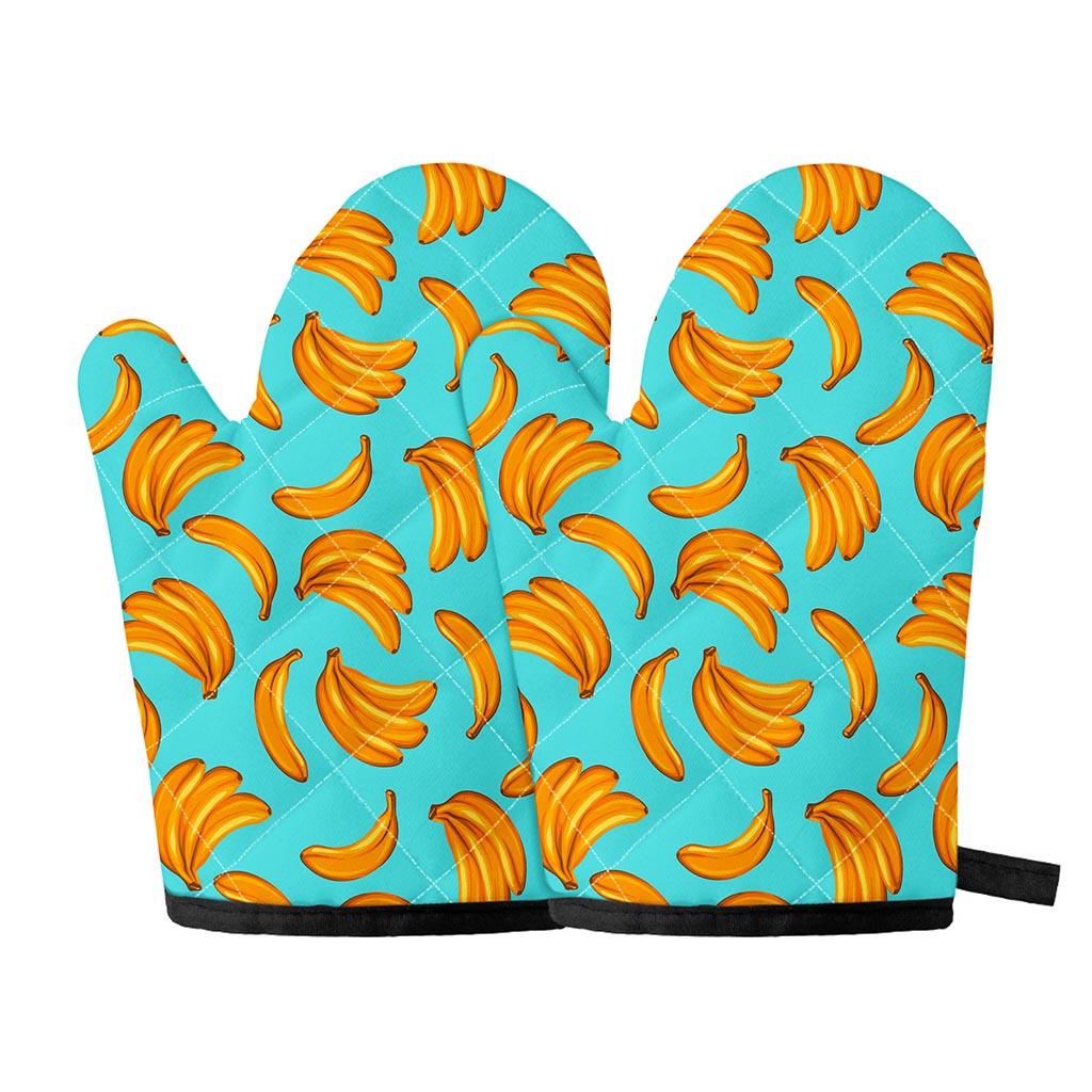 Blue Banana Pattern Print Oven Mitts