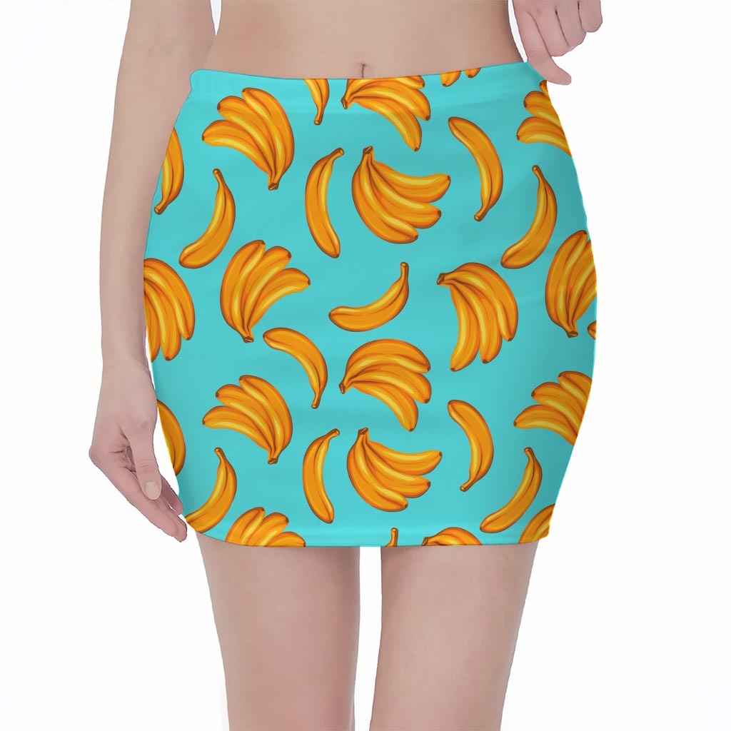 Blue Banana Pattern Print Pencil Mini Skirt