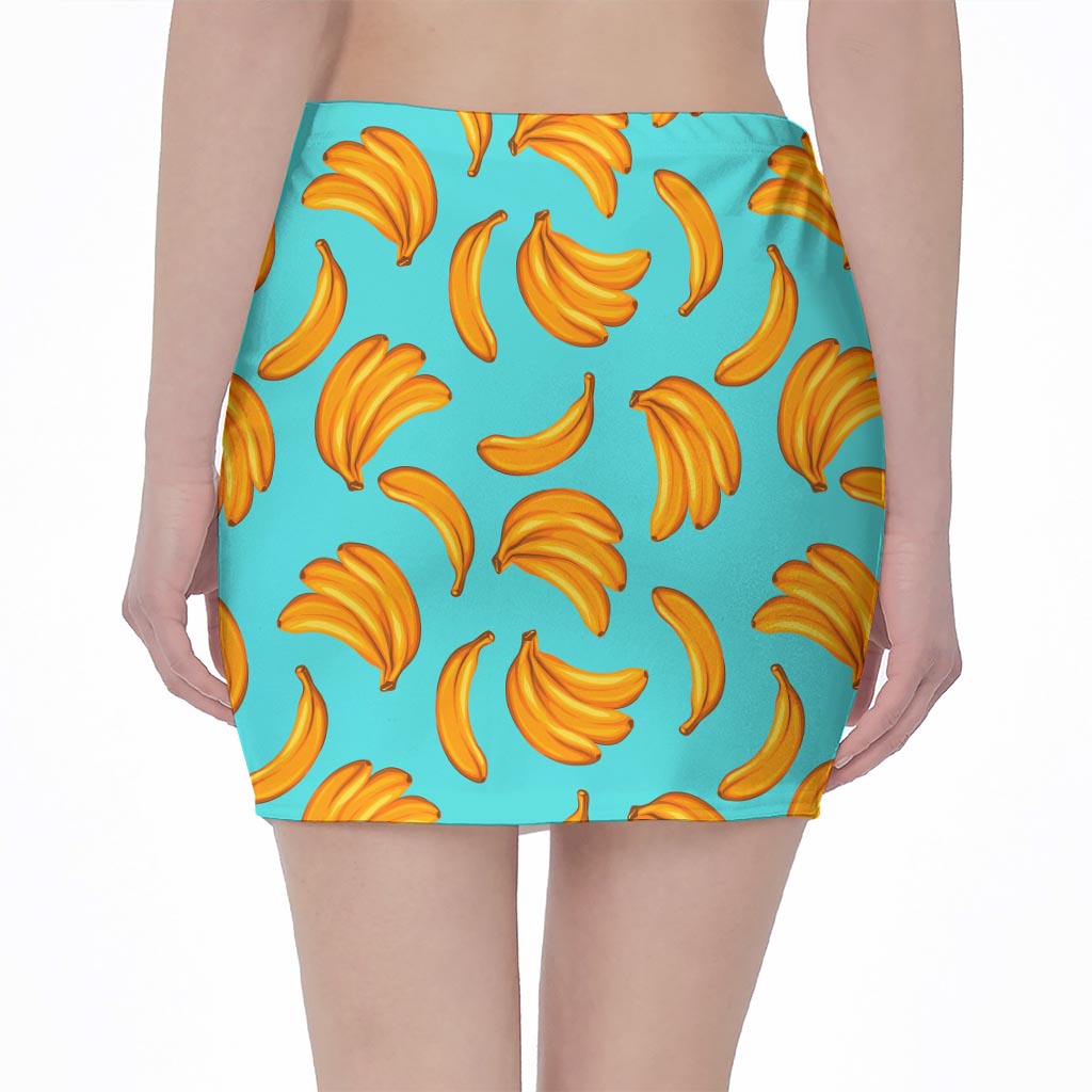 Blue Banana Pattern Print Pencil Mini Skirt