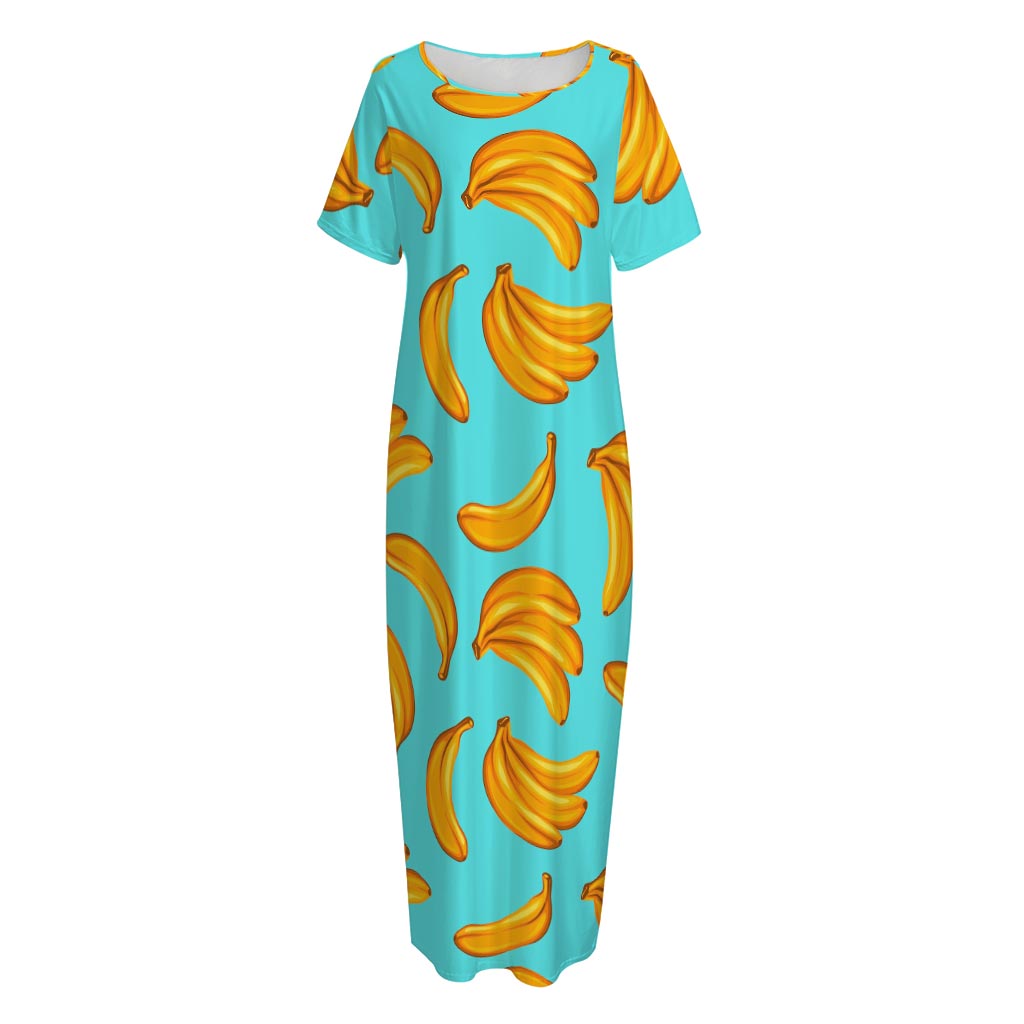Blue Banana Pattern Print Short Sleeve Long Nightdress