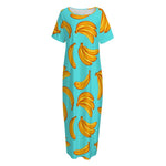 Blue Banana Pattern Print Short Sleeve Long Nightdress