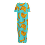 Blue Banana Pattern Print Short Sleeve Long Nightdress