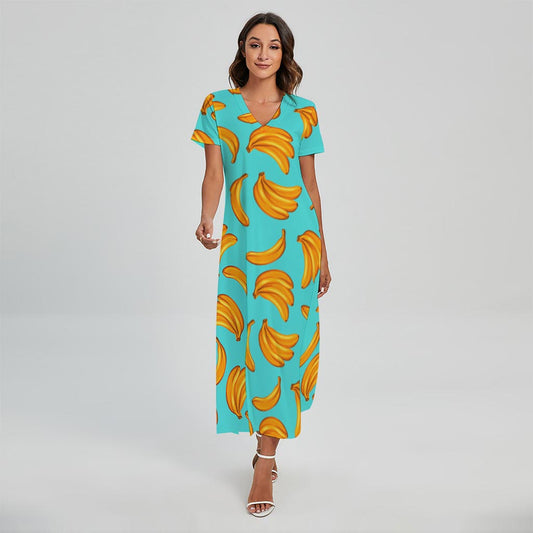 Blue Banana Pattern Print Short Sleeve Maxi Dress
