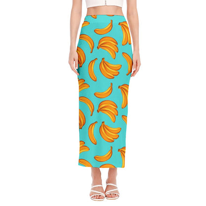 Blue Banana Pattern Print Side Slit Maxi Skirt