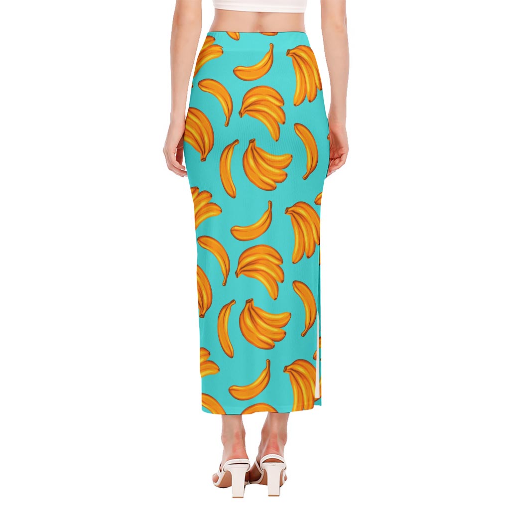 Blue Banana Pattern Print Side Slit Maxi Skirt