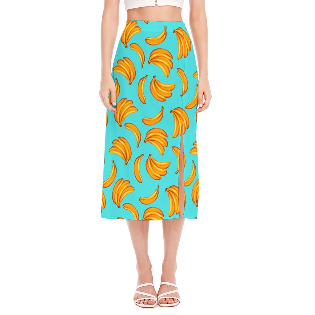 Blue Banana Pattern Print Side Slit Midi Skirt