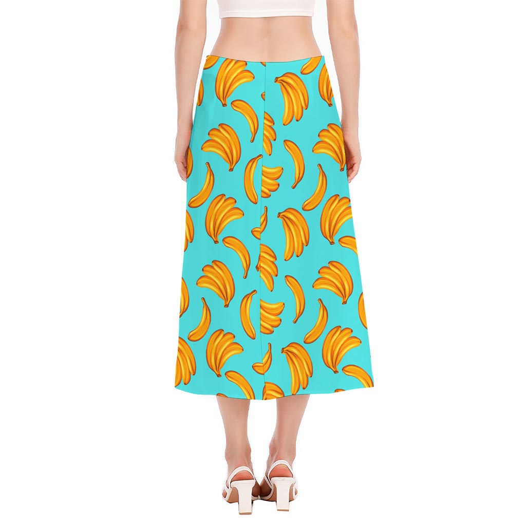 Blue Banana Pattern Print Side Slit Midi Skirt