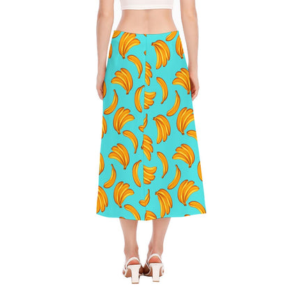 Blue Banana Pattern Print Side Slit Midi Skirt