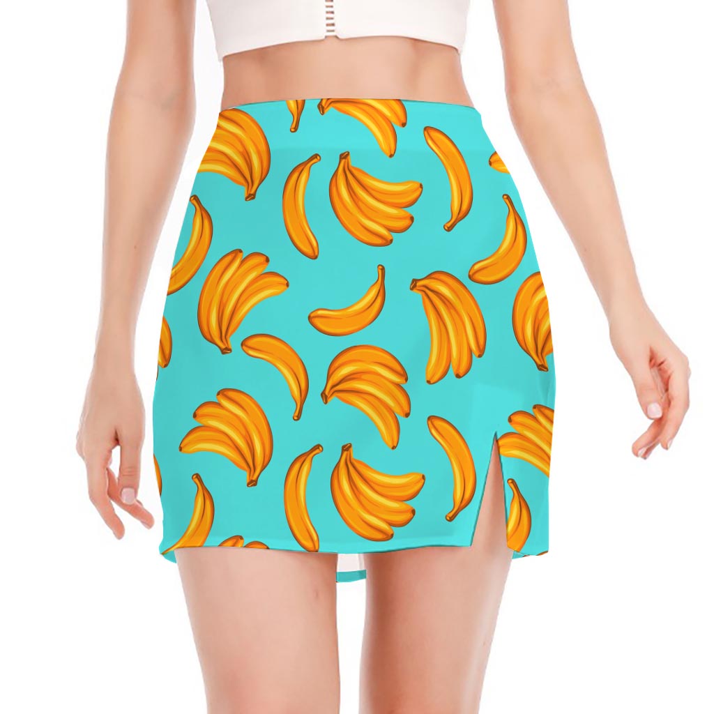 Blue Banana Pattern Print Side Slit Mini Skirt