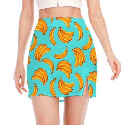 Blue Banana Pattern Print Side Slit Mini Skirt