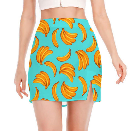 Blue Banana Pattern Print Side Slit Mini Skirt