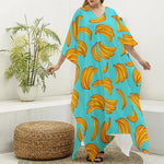 Blue Banana Pattern Print Silk V-Neck Kaftan Dress