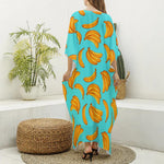 Blue Banana Pattern Print Silk V-Neck Kaftan Dress