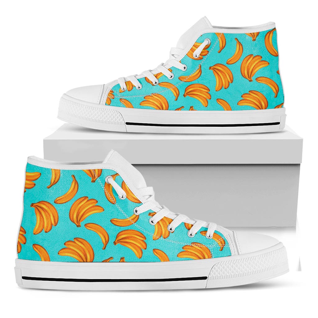 Blue Banana Pattern Print White High Top Sneakers
