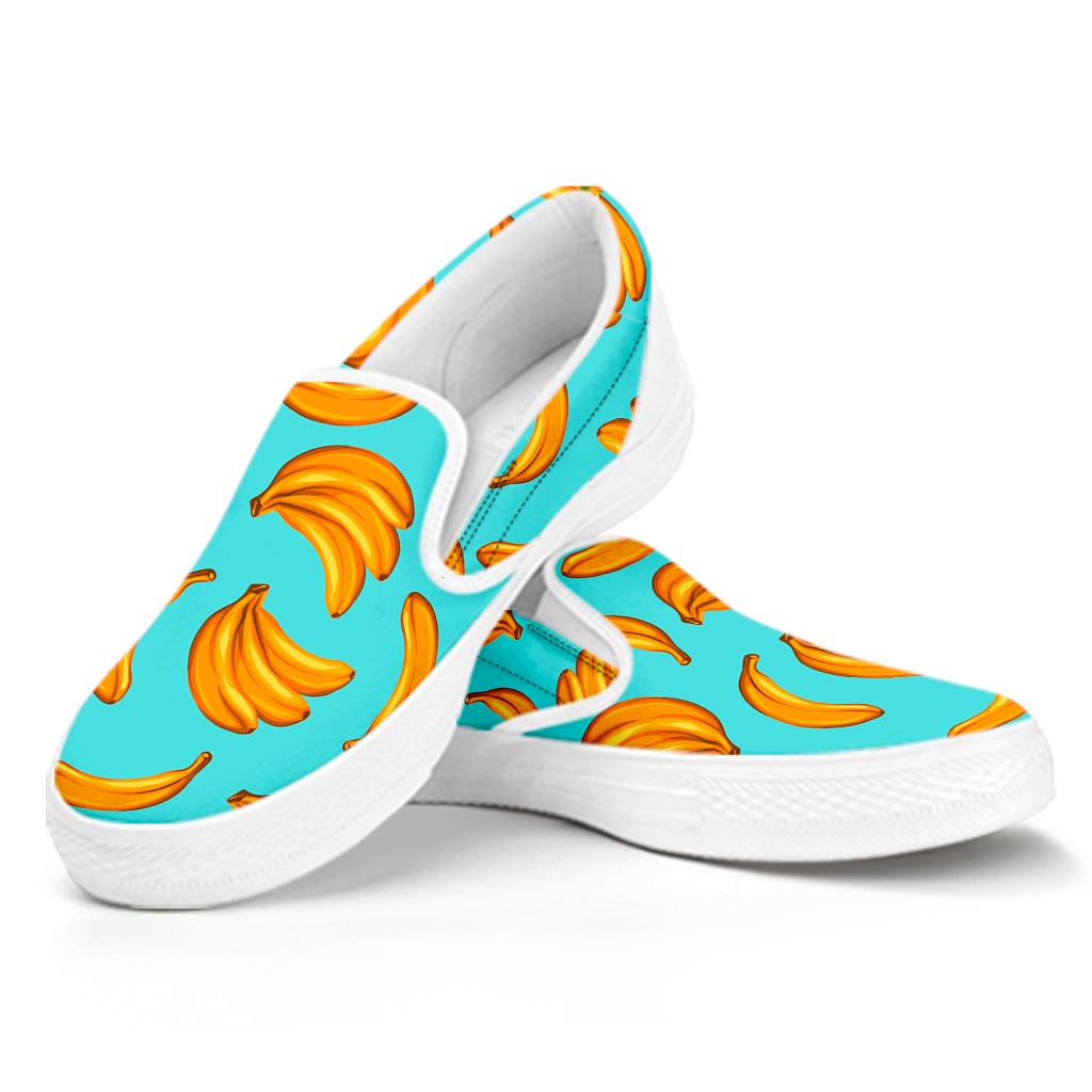 Blue Banana Pattern Print White Slip On Sneakers